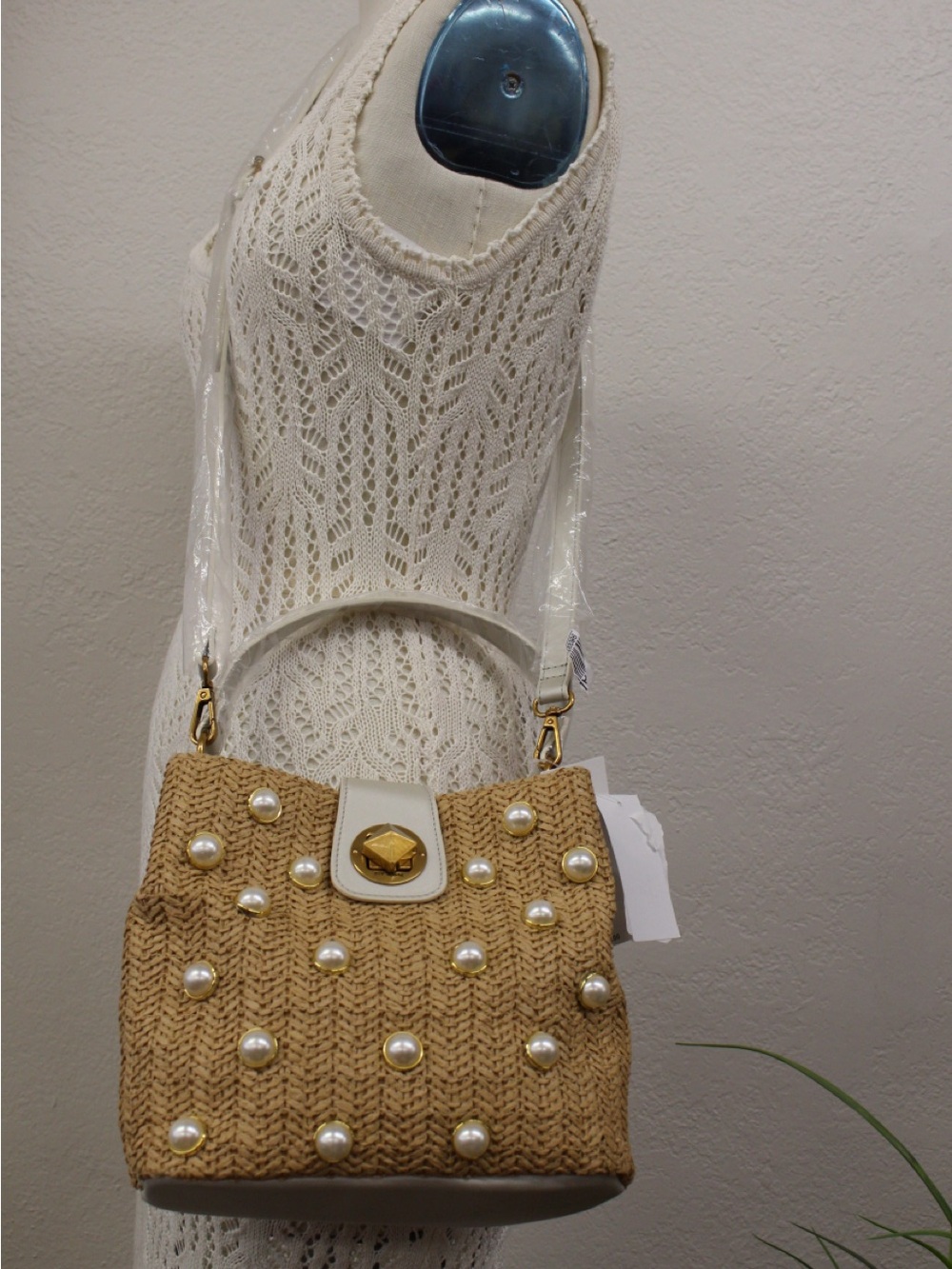 Betsey Johnson Pearl-Embellished Woven satchel Bag in Tan